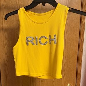 SHEIN Yellow Ribbed Crop Tank with Silver 'RICH' Sequin Text